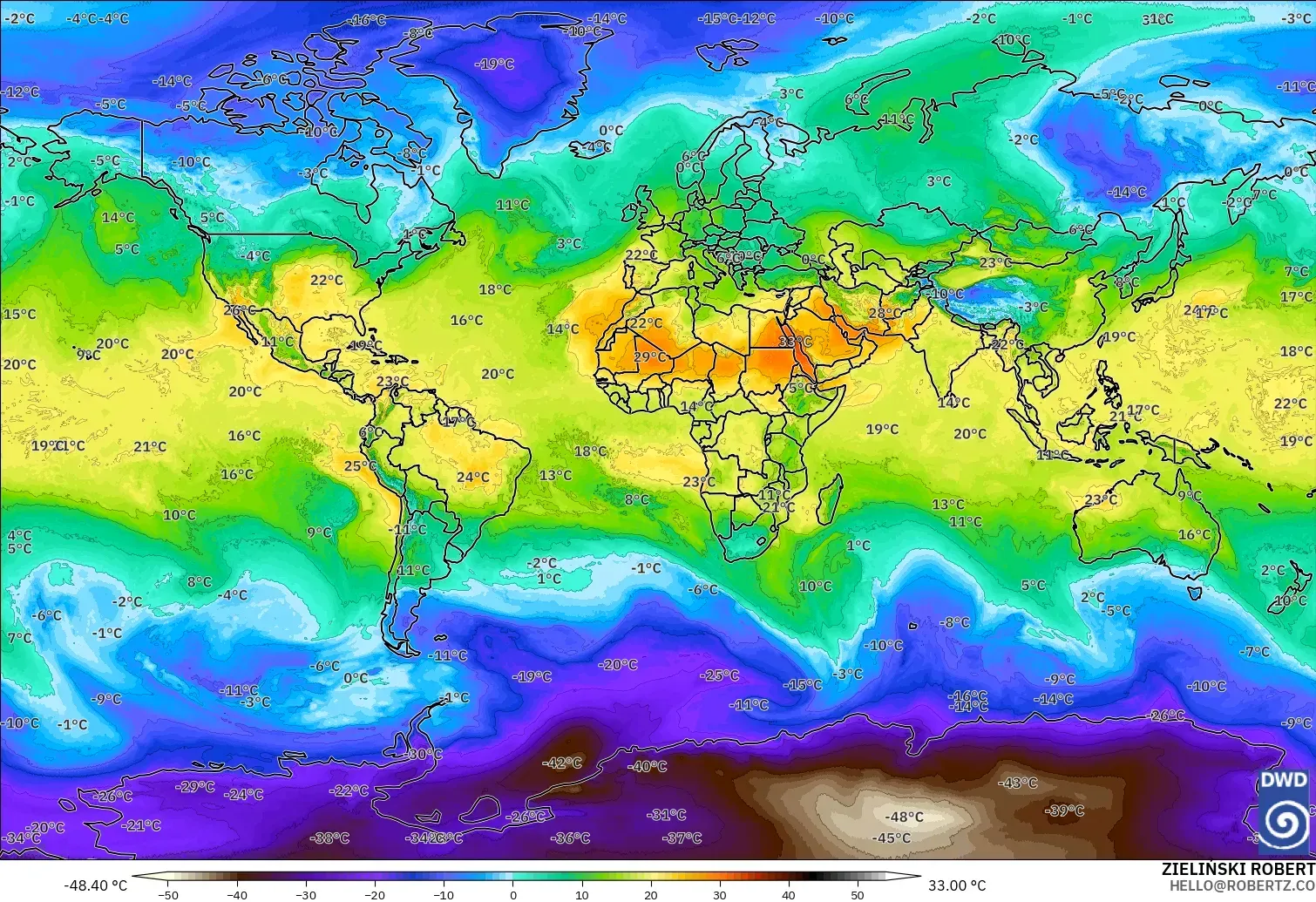 ICON model - Dünya, 850 hPa Sıcaklık