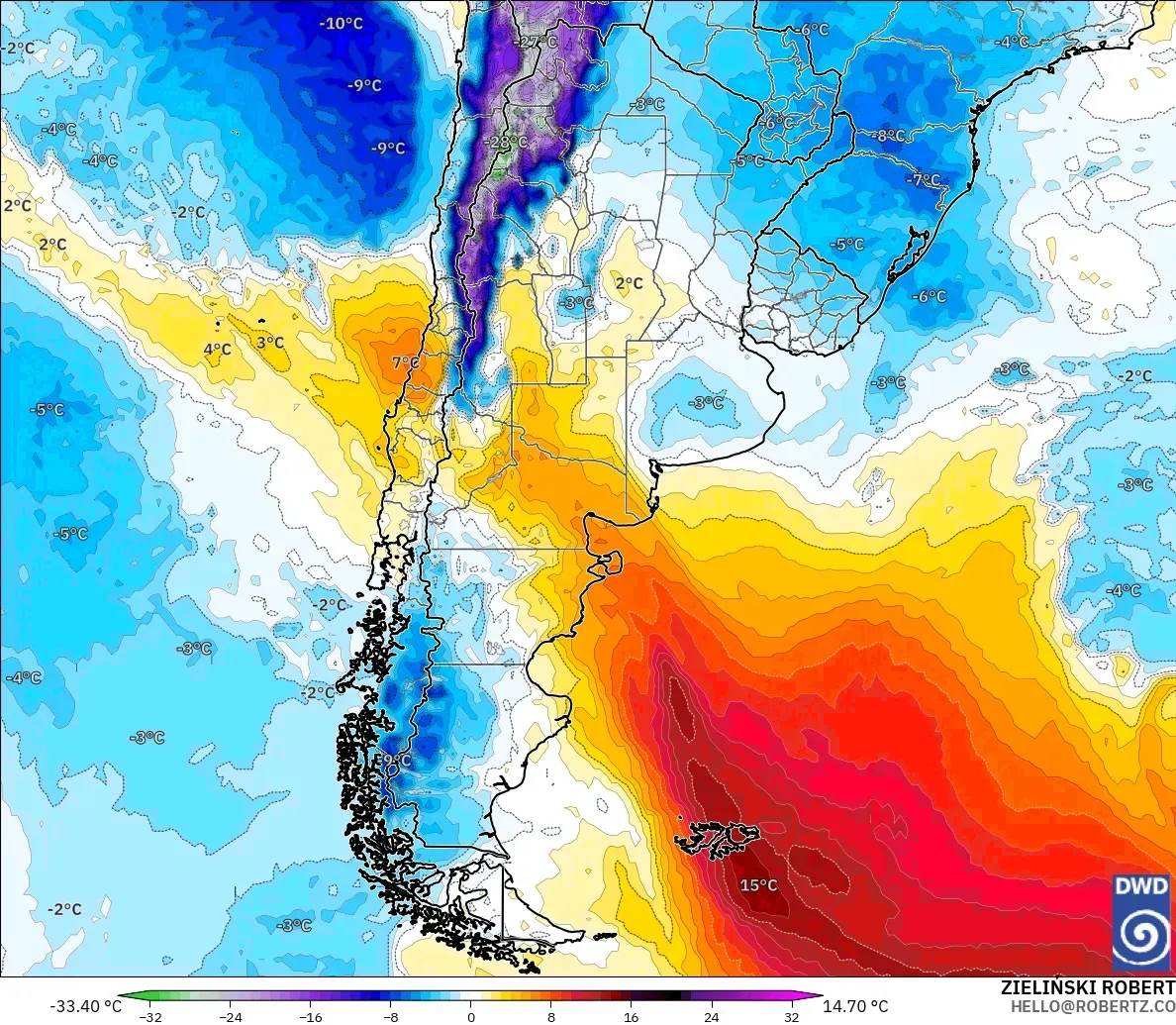 ICON model - Arjantin, 850 hPa Sıcaklık Anomalisi