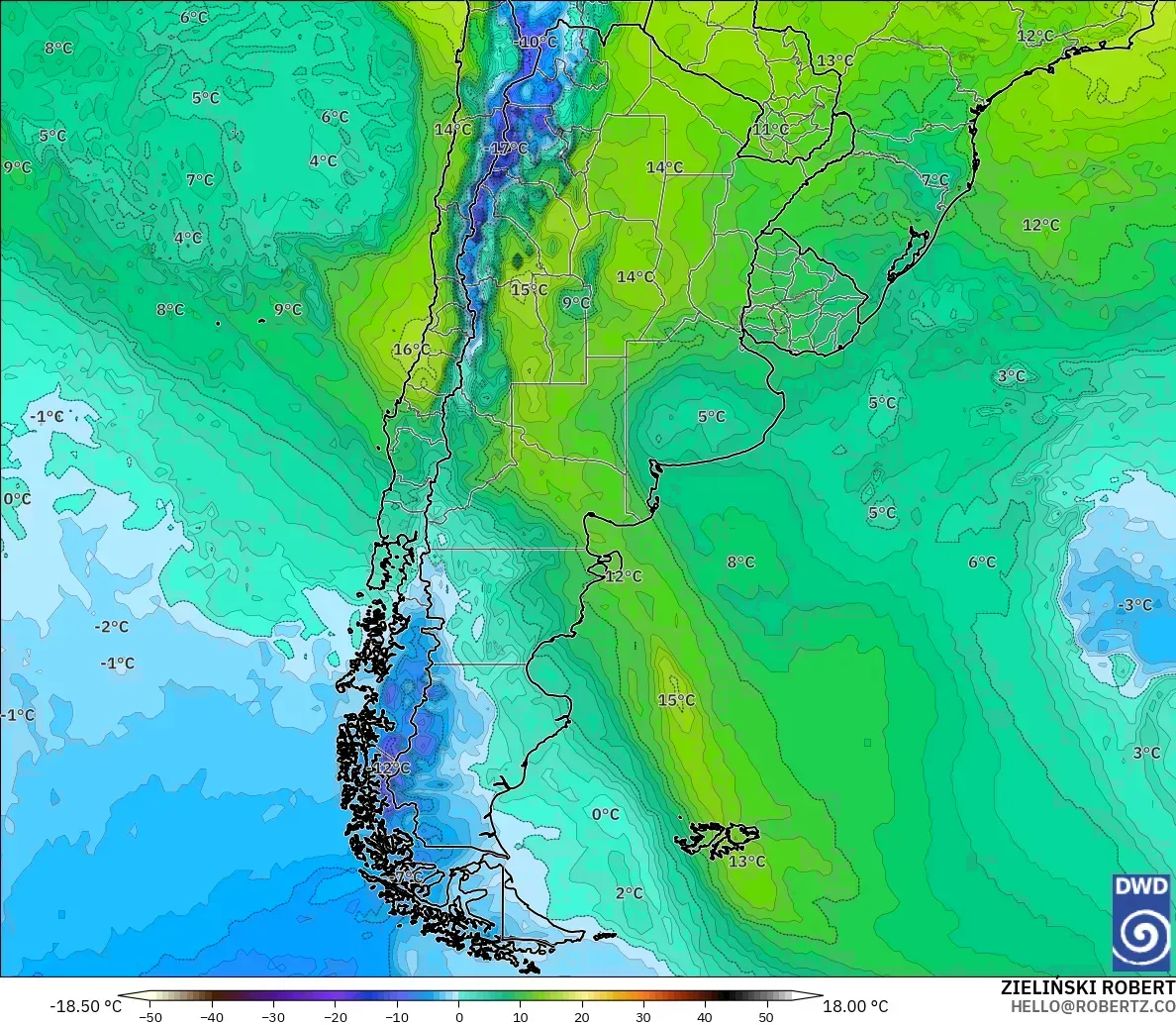 ICON model - Arjantin, 850 hPa Sıcaklık