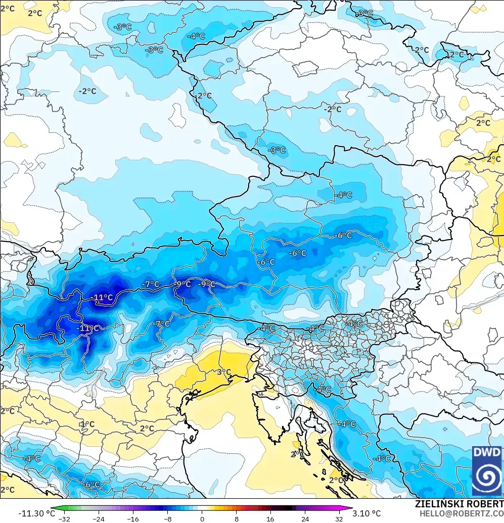 ICON model - Avusturya, 850 hPa Sıcaklık Anomalisi