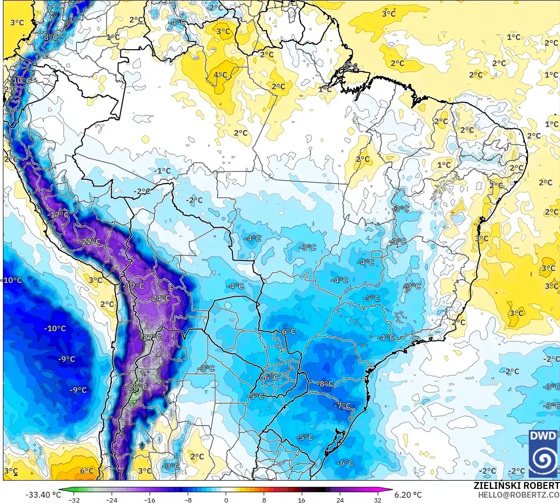 ICON model - Brezilya, 850 hPa Sıcaklık Anomalisi