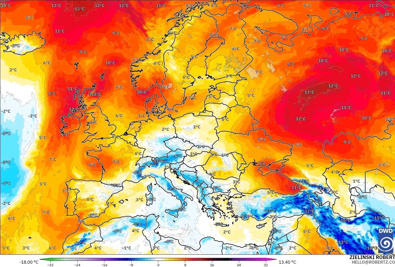 ICON model - Avrupa, 850 hPa Sıcaklık Anomalisi