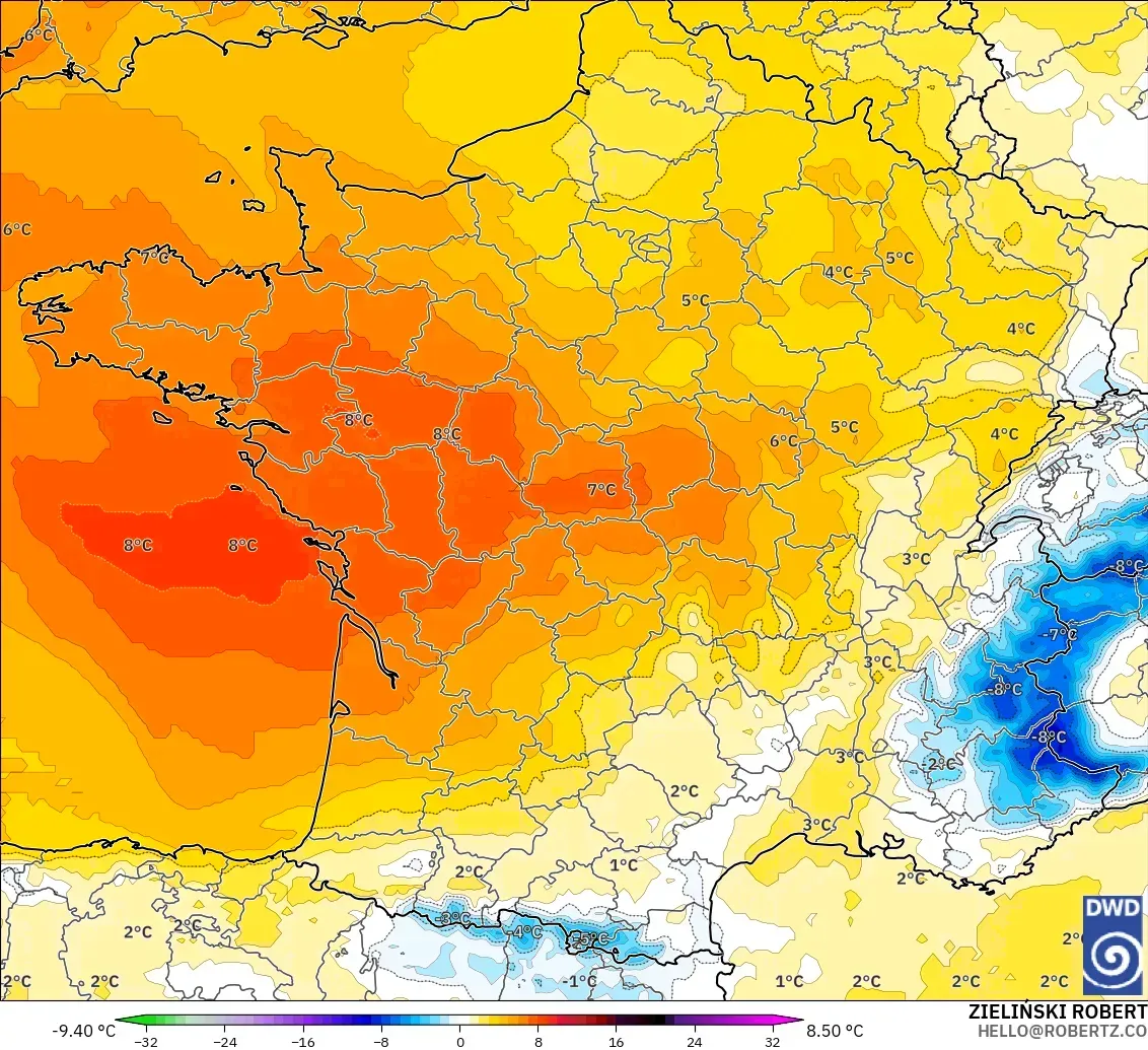 ICON model - Fransa, 850 hPa Sıcaklık Anomalisi
