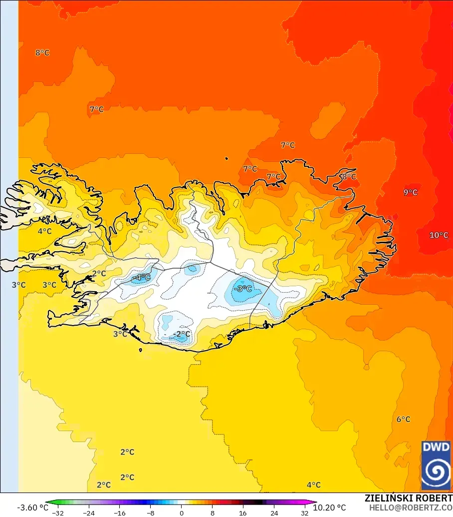 ICON model - İzlanda, 850 hPa Sıcaklık Anomalisi