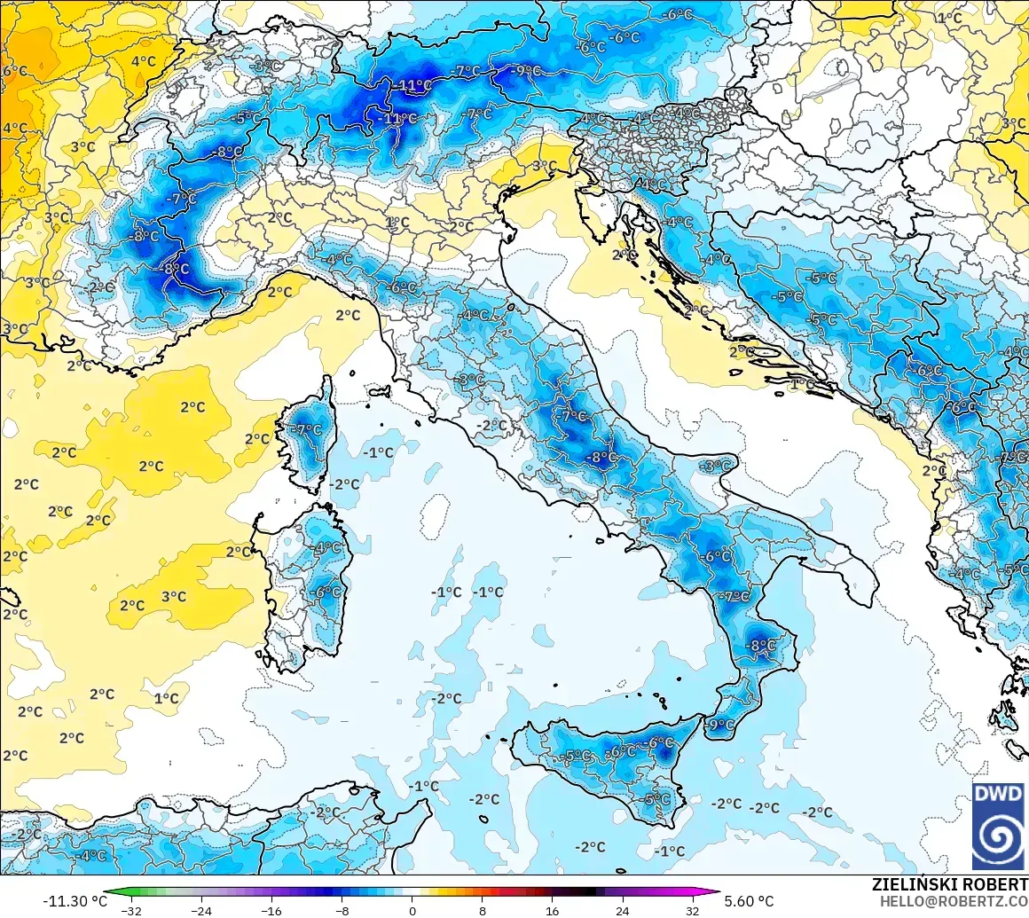 ICON model - İtalya, 850 hPa Sıcaklık Anomalisi