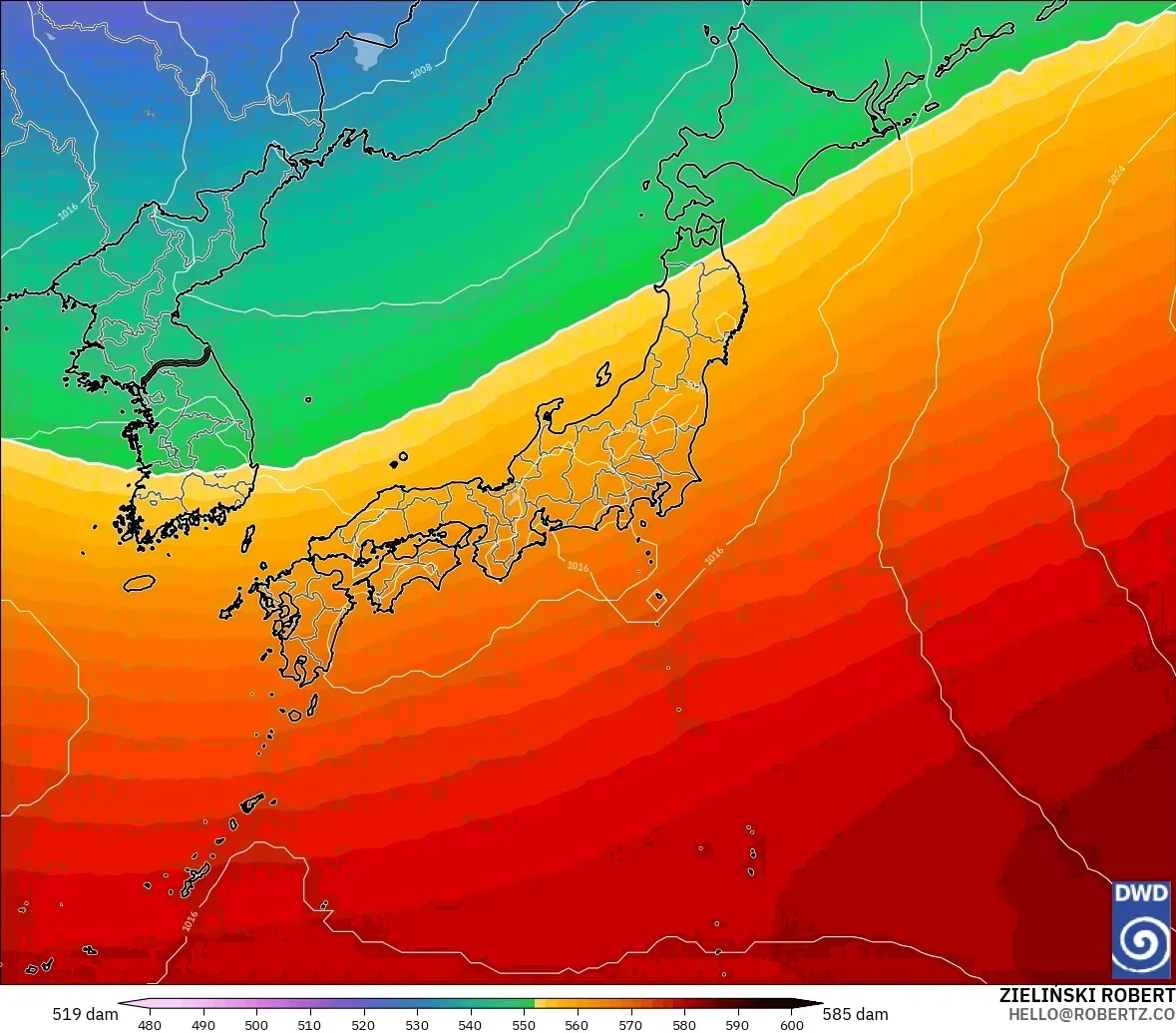 ICON model - Japonya, 500 hPa’da jeopotansiyel yükseklik