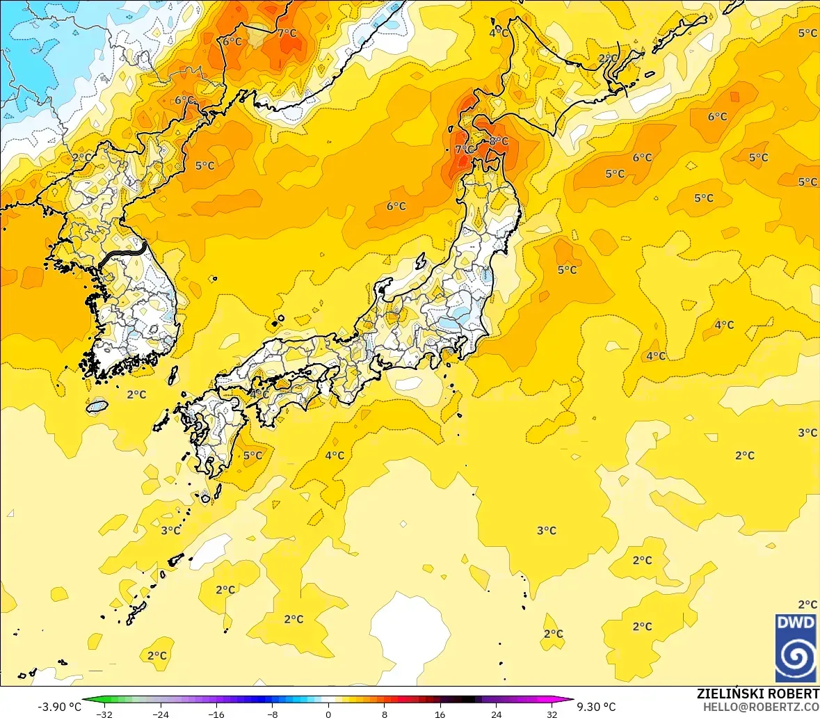 ICON model - Japonya, 2 m Sıcaklık Anomalisi
