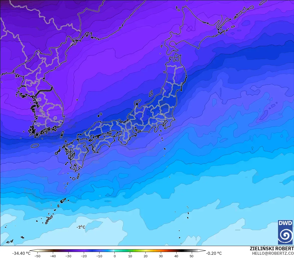 ICON model - Japonya, 500 hPa Sıcaklık