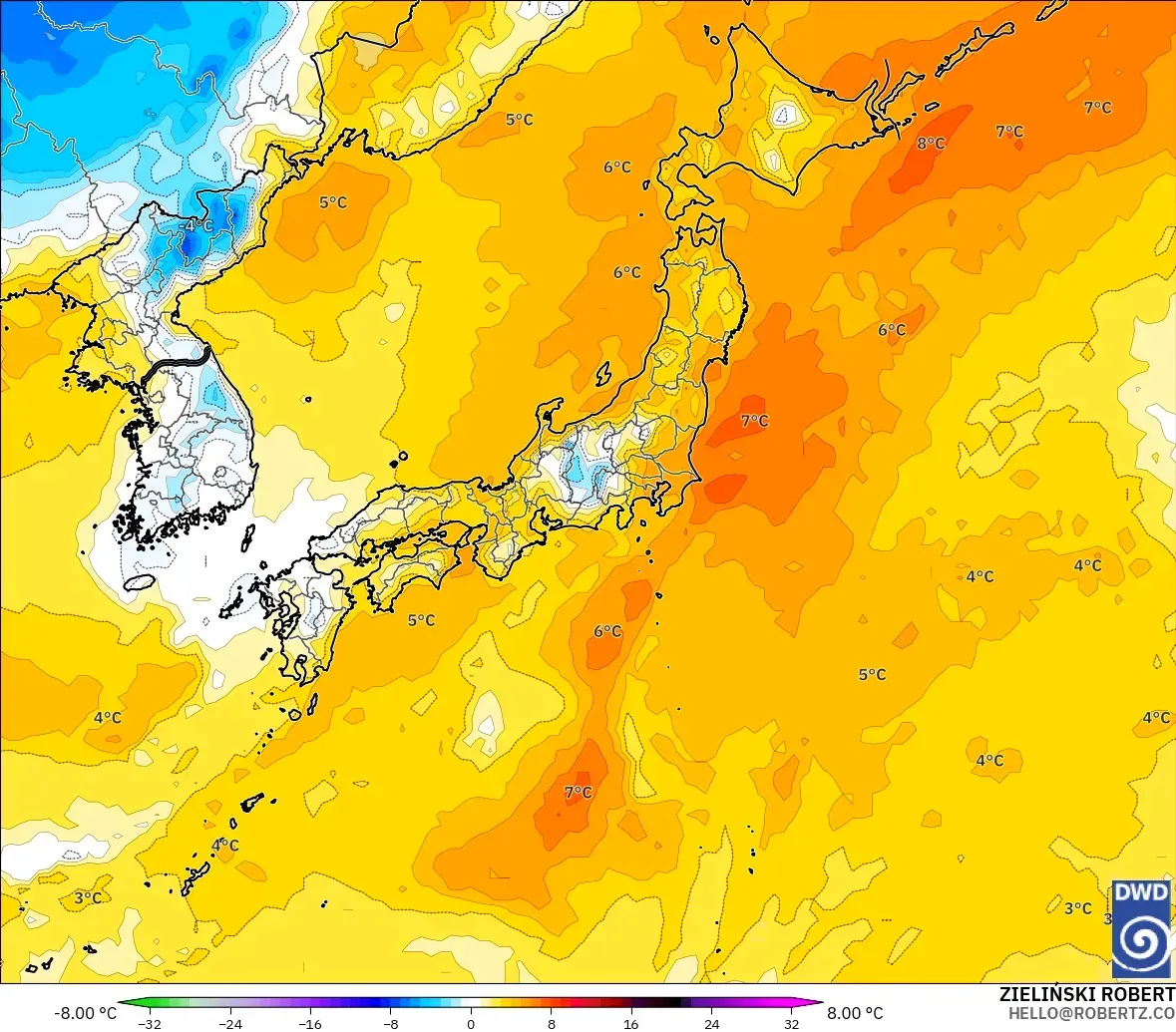 ICON model - Japonya, 850 hPa Sıcaklık Anomalisi