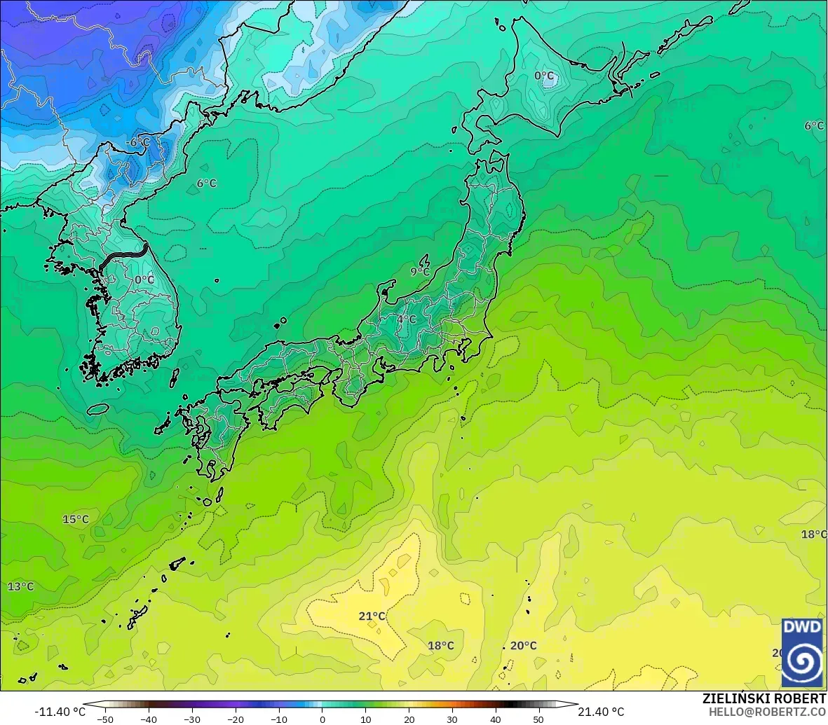 ICON model - Japonya, 850 hPa Sıcaklık