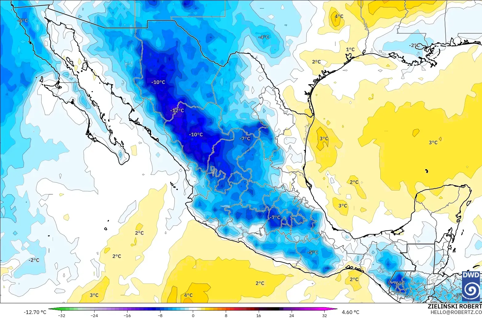 ICON model - Meksika, 850 hPa Sıcaklık Anomalisi