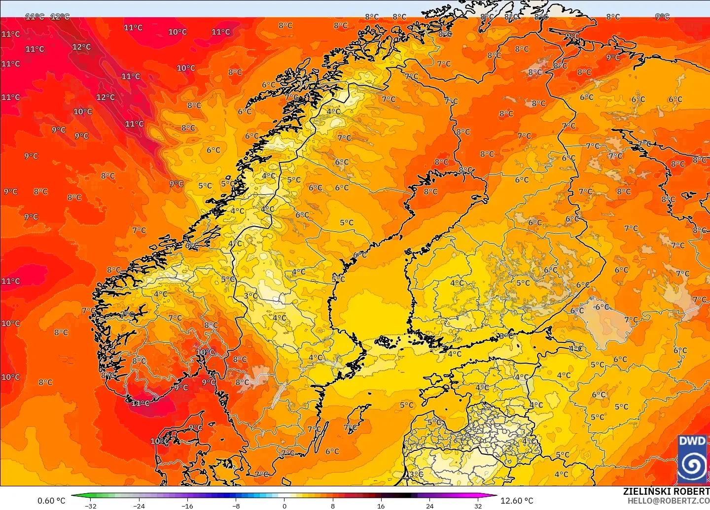 ICON model - İskandinavya, 850 hPa Sıcaklık Anomalisi