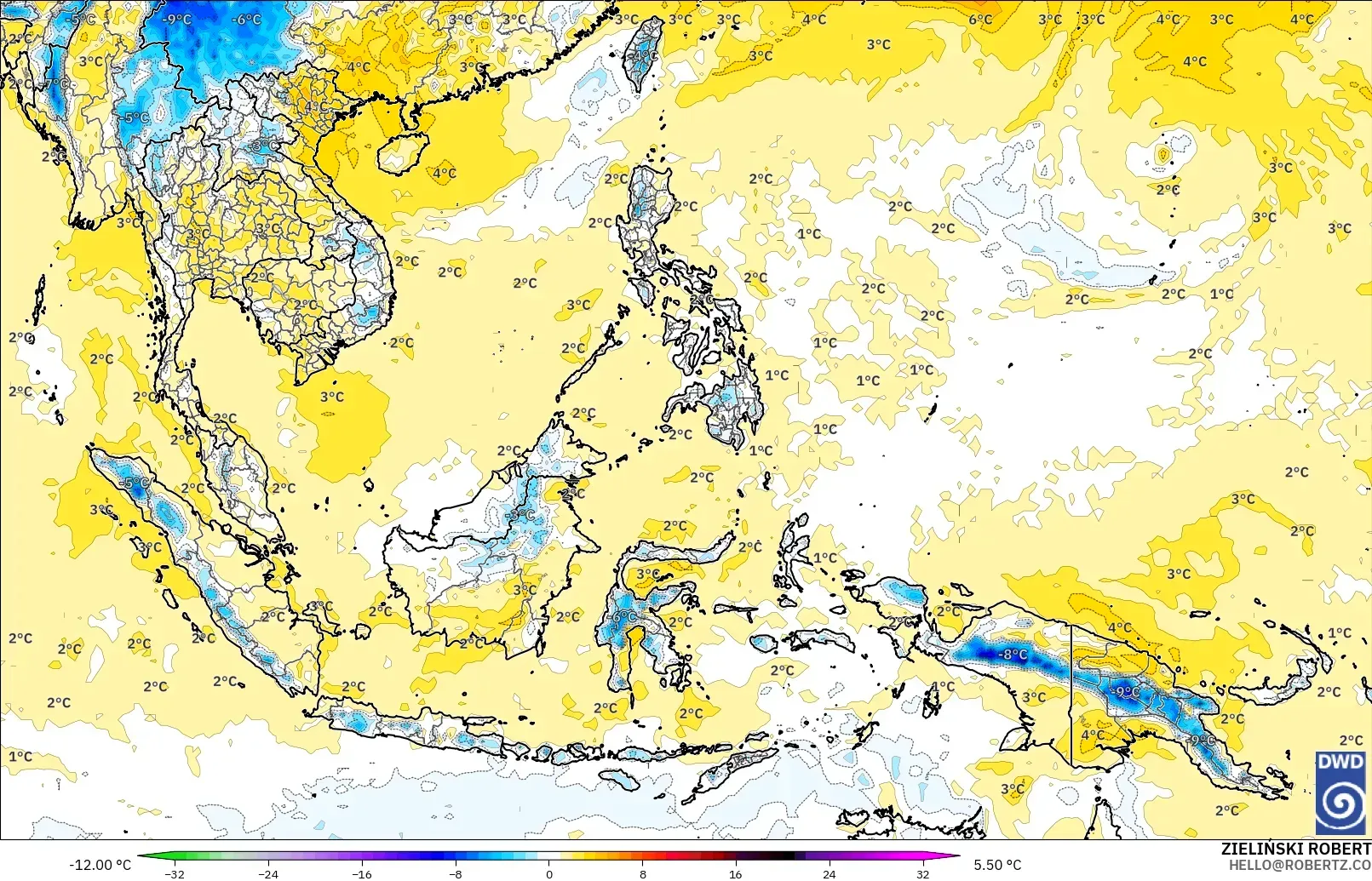 ICON model - Güneydoğu Asya, 850 hPa Sıcaklık Anomalisi