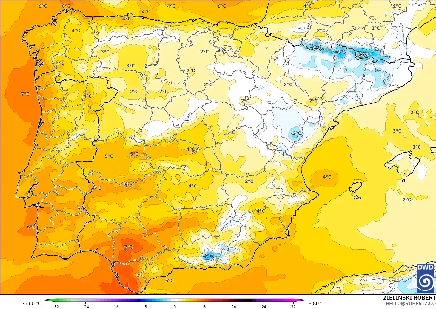 ICON model - İspanya, 850 hPa Sıcaklık Anomalisi