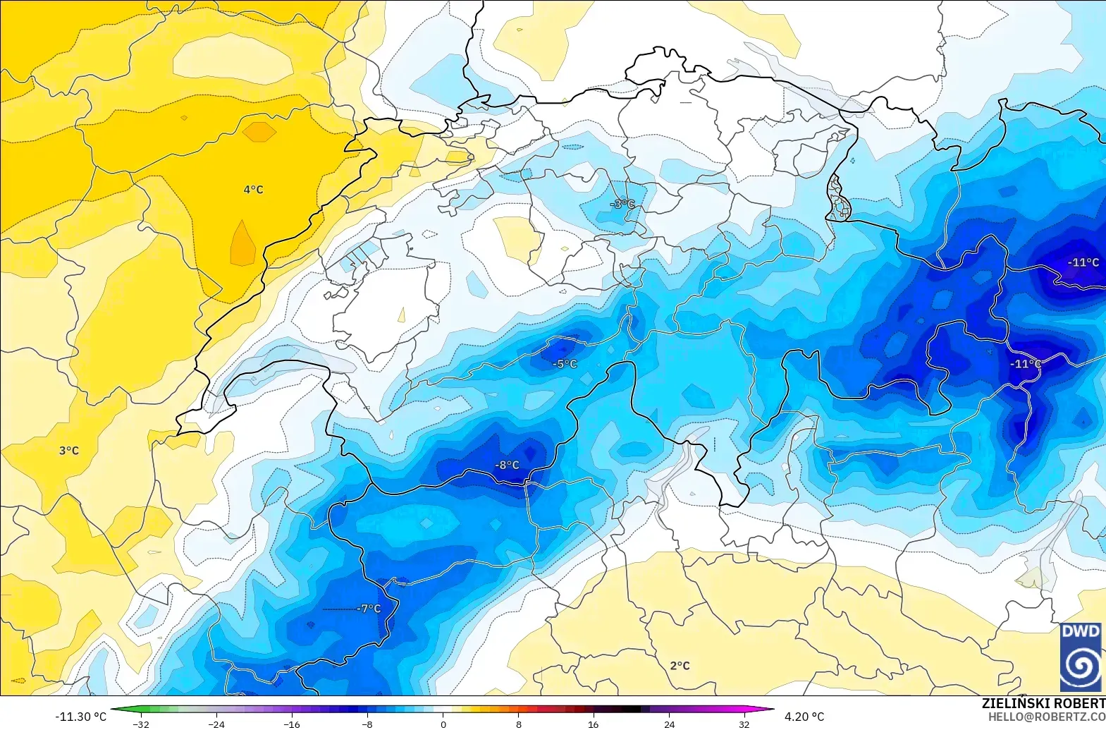ICON model - İsviçre, 850 hPa Sıcaklık Anomalisi