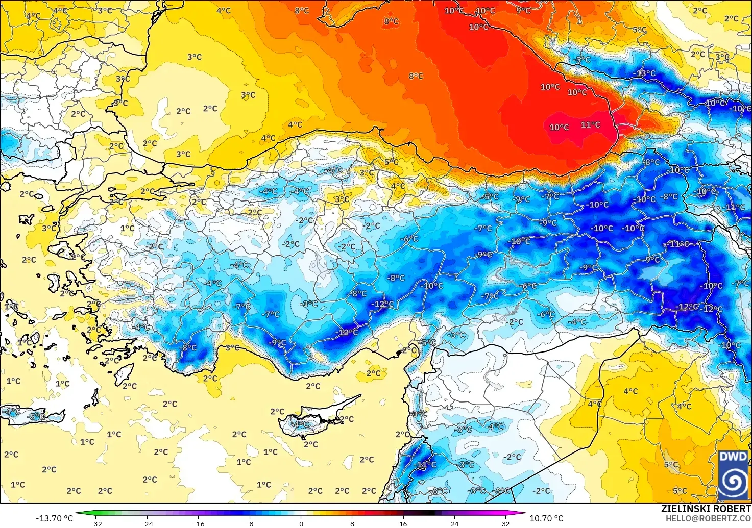 ICON model - Türkiye, 850 hPa Sıcaklık Anomalisi