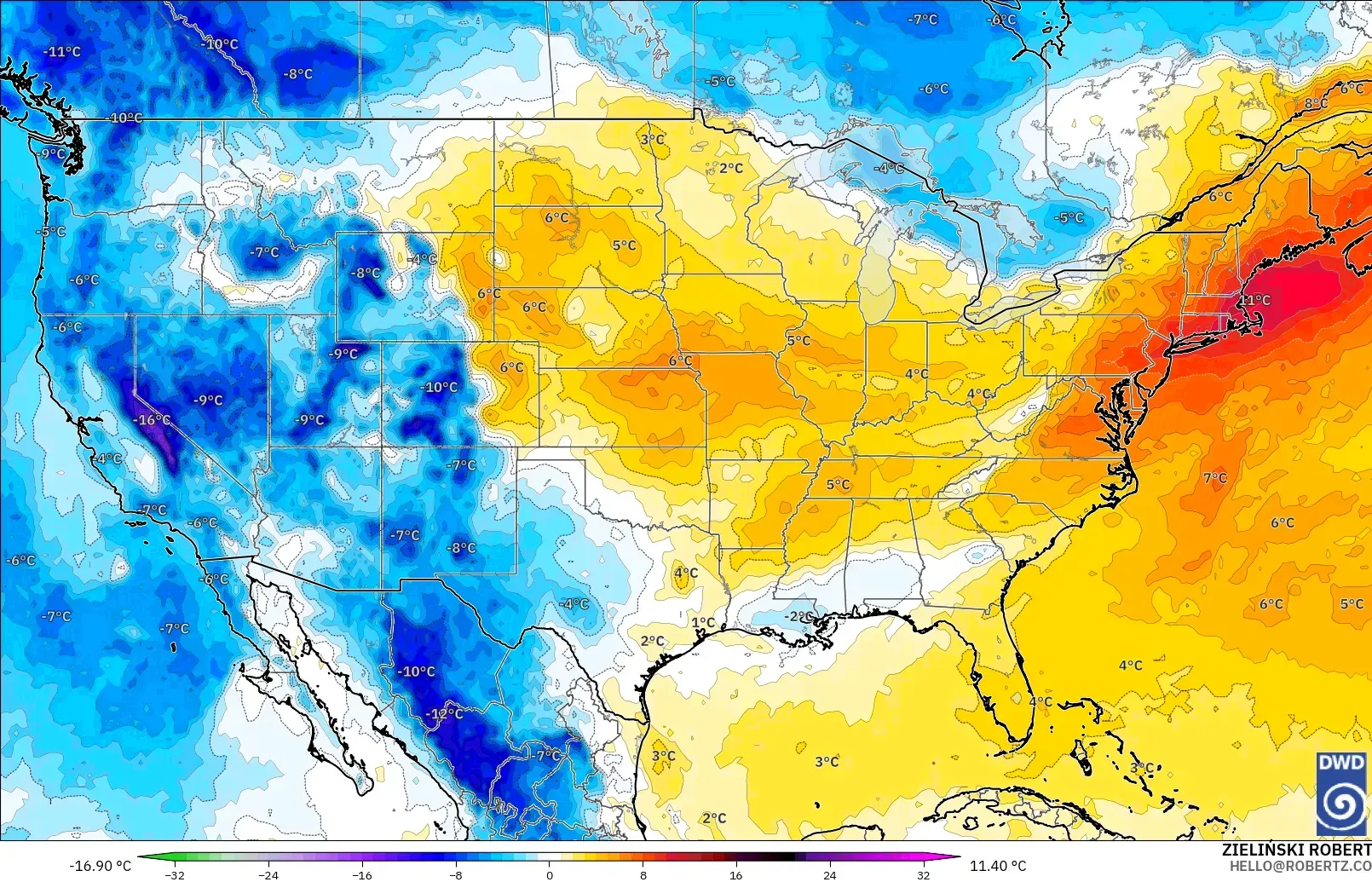 ICON model - Amerika Birleşik Devletleri, 850 hPa Sıcaklık Anomalisi