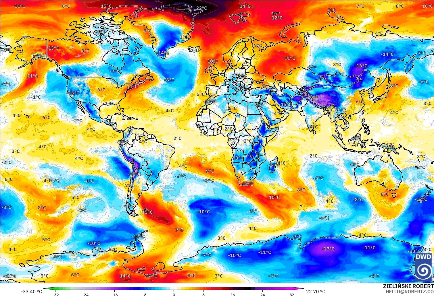 ICON model - Dünya, 850 hPa Sıcaklık Anomalisi