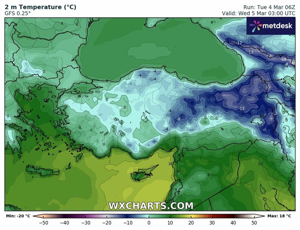 Türkiye 5 Mart 2025 Minimum Sıcaklık Haritası