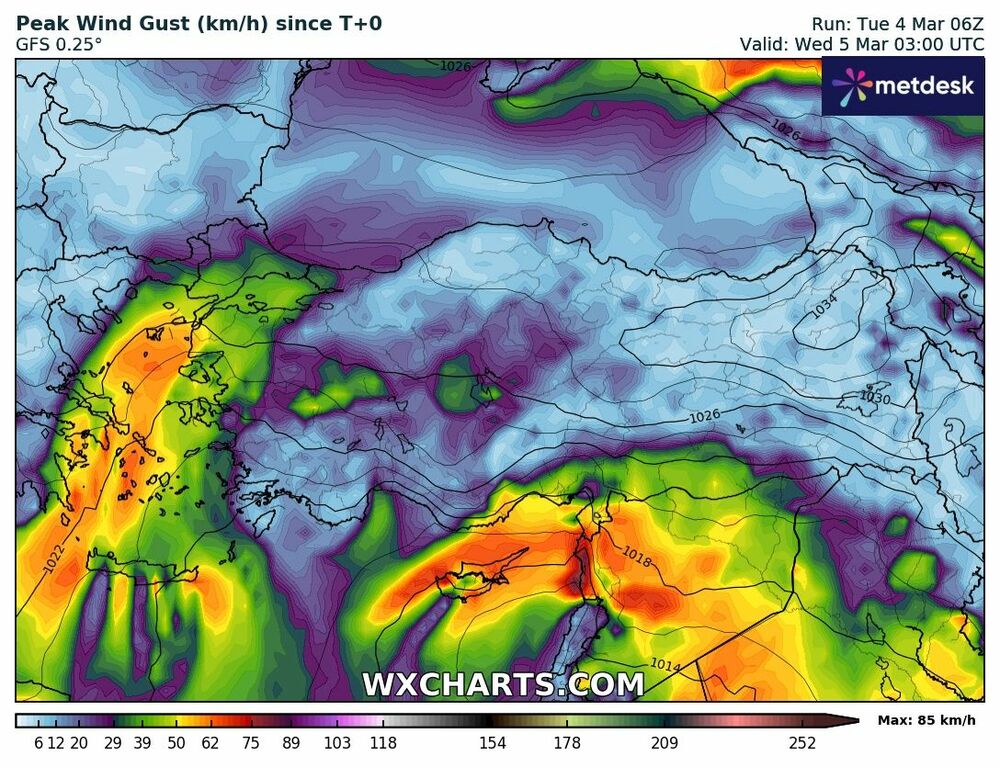 Türkiye 5 Mart 2025 Maksimum Rüzgar Hızı Haritası