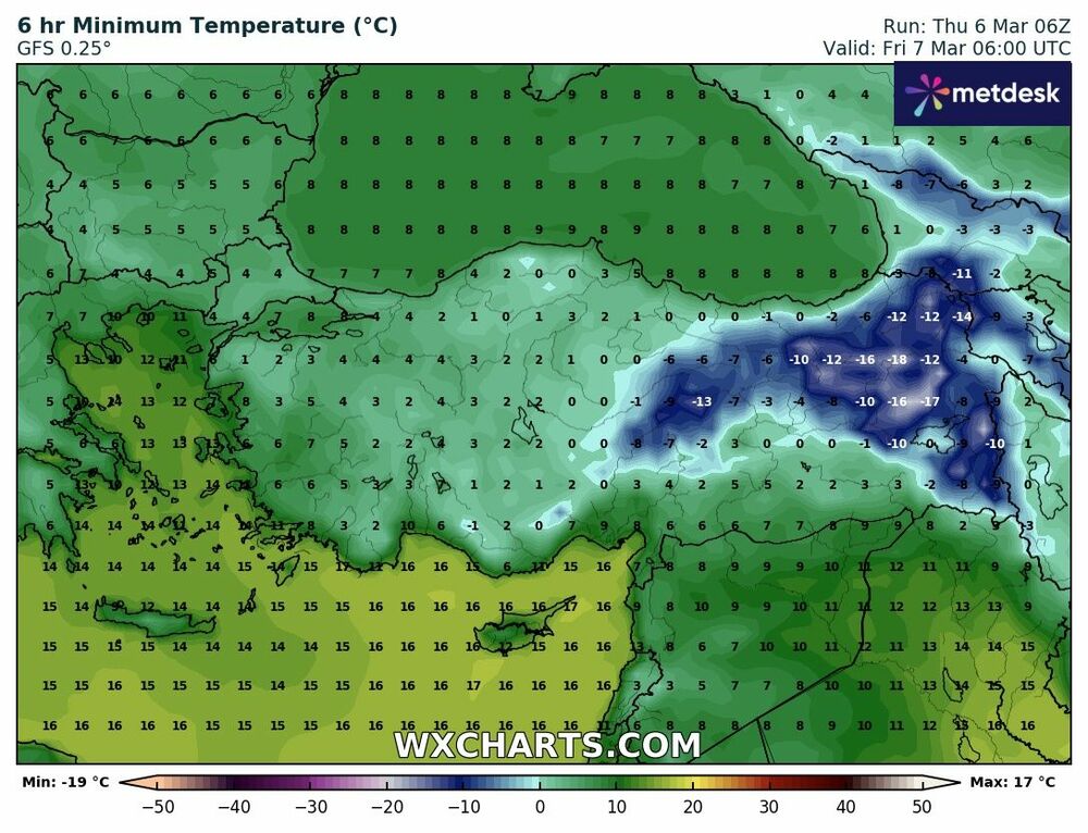 Türkiye 6 Mart 2025 Minimum Sıcaklık Haritası