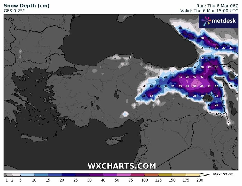 Türkiye 6 Mart 2025 Kar Kalınlığı Haritası