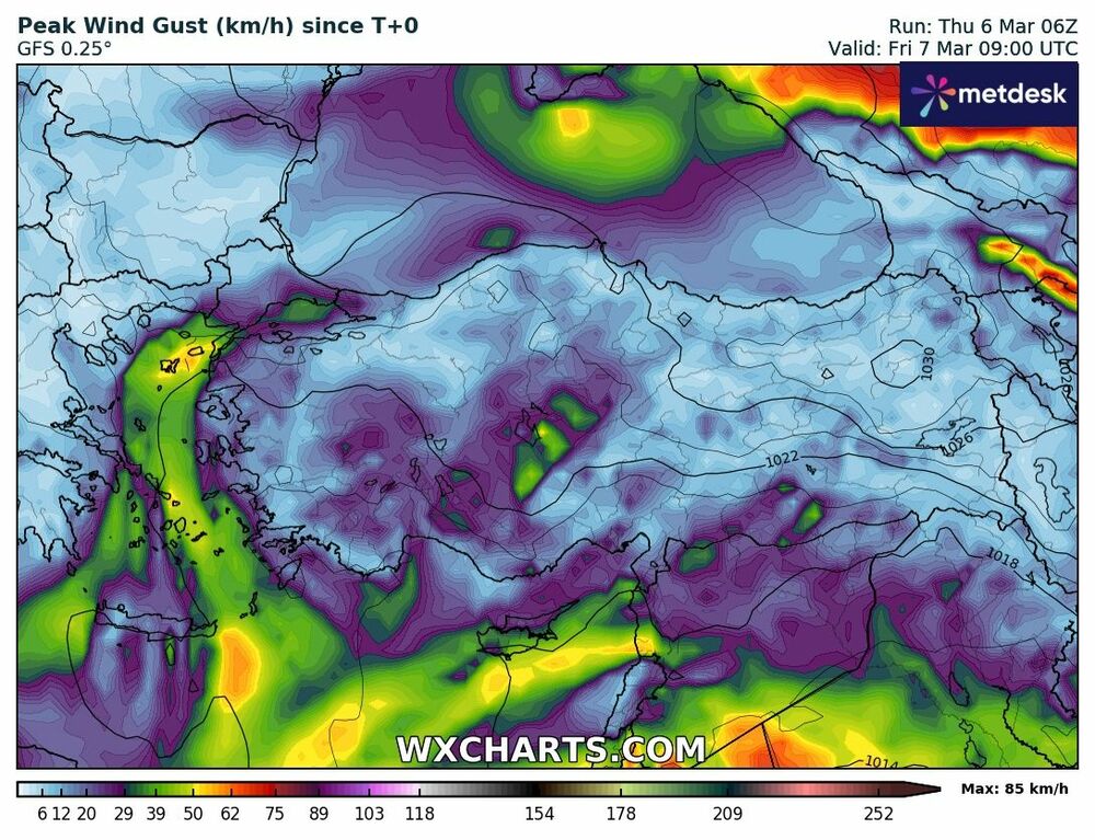 Türkiye 6 Mart 2025 Maksimum Rüzgar Hızı (Fırtına) Haritası