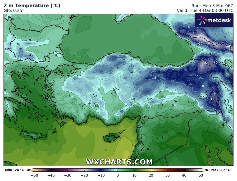 Türkiye 2 Metre Minimum Sıcaklık Haritası – 3 Mart 2025