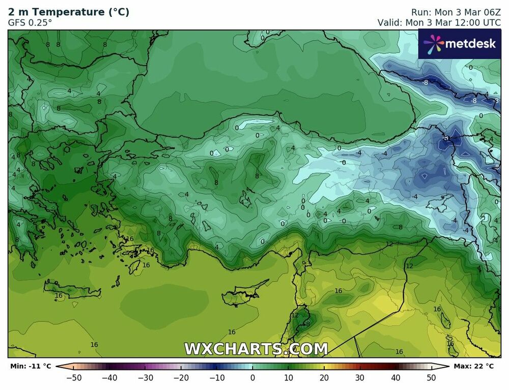 Türkiye 2 Metre Maksimum Sıcaklık Haritası – 3 Mart 2025