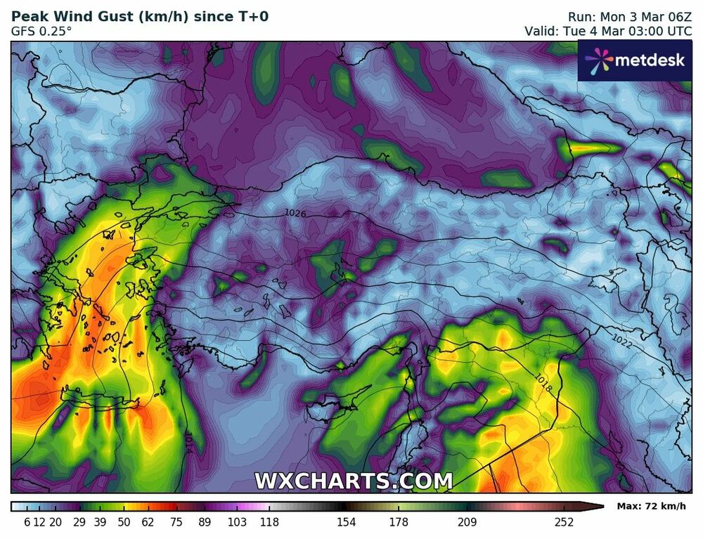 Türkiye Maksimum Rüzgar Hızı (Gust) Haritası – 3 Mart 2025
