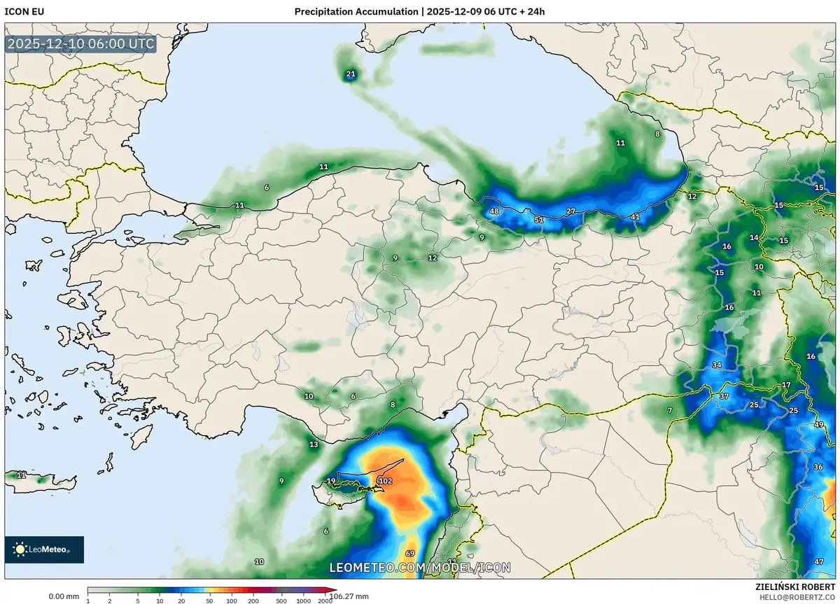 Turkey Dec 09 2025 Weather Map – Heavy Rain & Snow Precipitation Accum