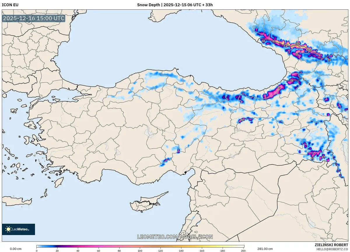 Türkiye Kar Haritası Tahmini - Soğuk ve Kurak Çarşamba, 2025-12-15