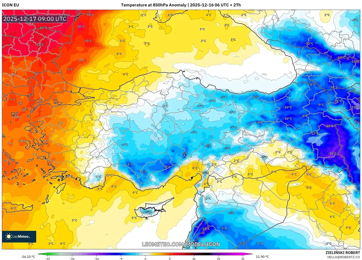 Türkiye'de 850 hPa'da Sıcaklık Anomalisi – 16 Ara 2025 Hava Tahmini