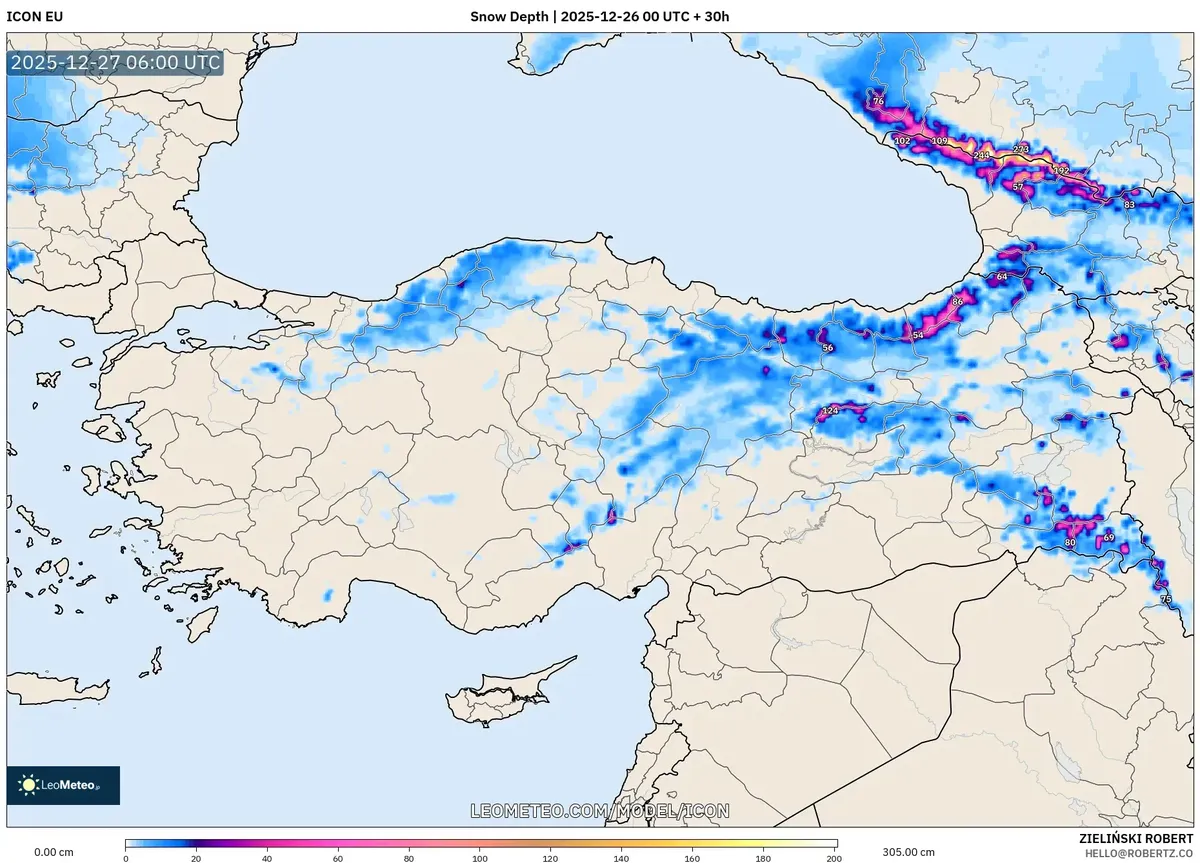 Kar Birikimi Tahmini Türkiye için - Ağır Kar ve Yağmur 2025-12-26