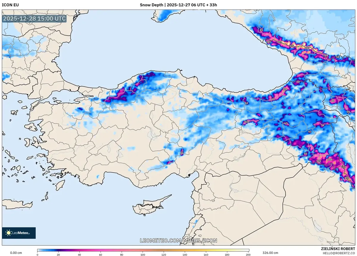 Kar Kalınlığı Türkiye'de 28 Aralık 2025'te Birikme