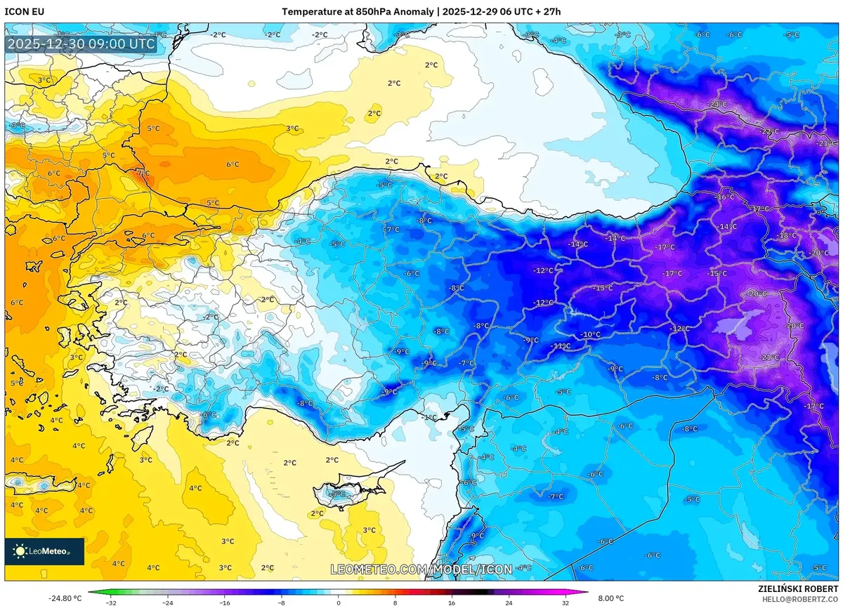 30 Aralık 2025’te 850 hPa Seviyesinde Soğuk Hava Anomalisi