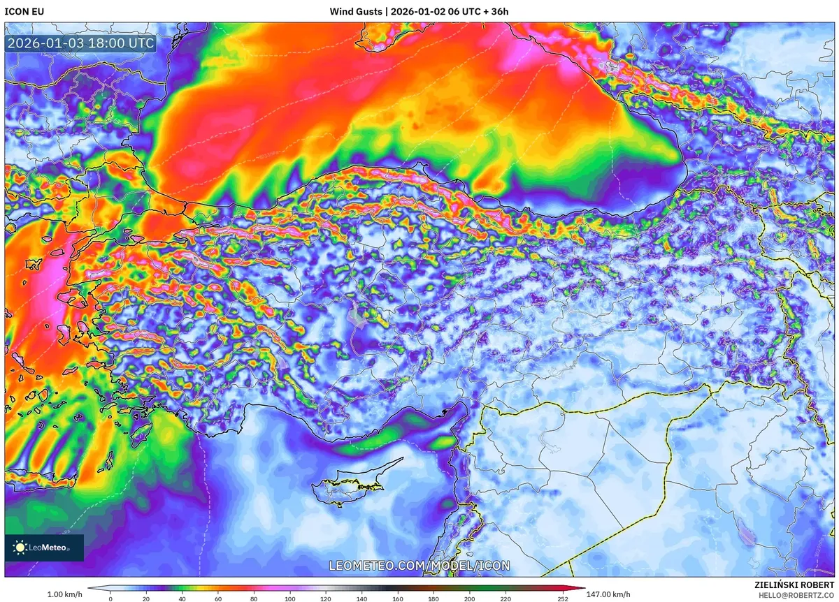 Wind Gusts Forecast at 21:00 on Oca 3, 2026