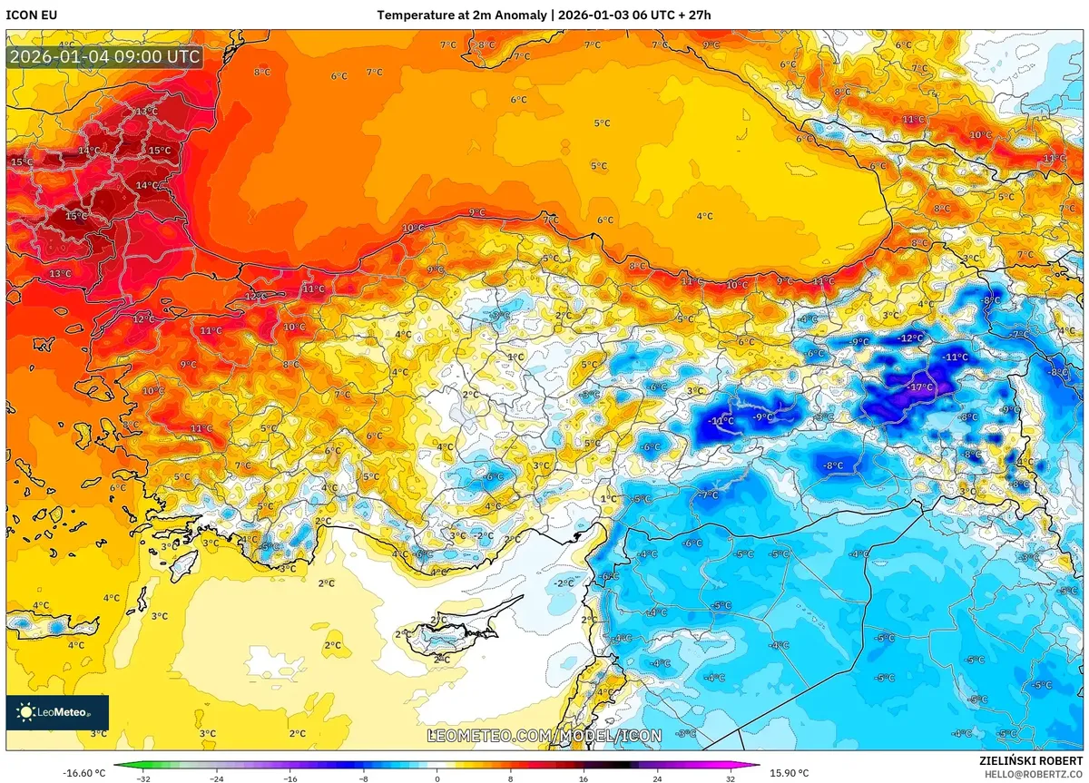 850hPa'da 4 Ocak 2026 Sıcaklık Anomalisi