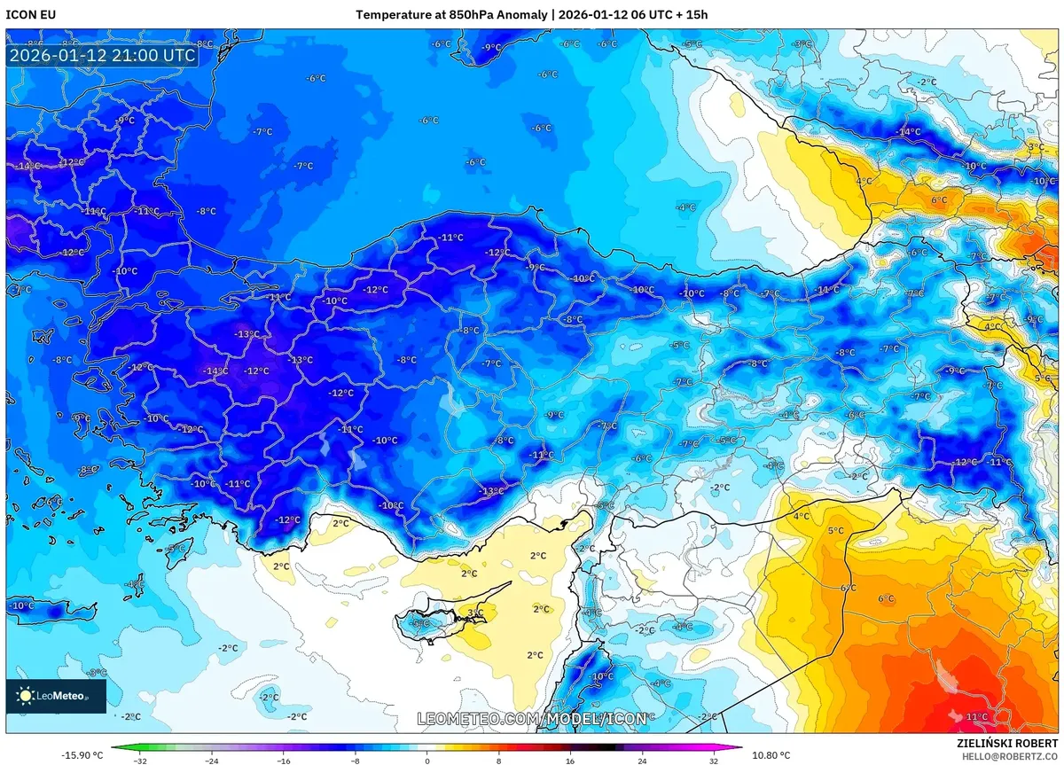 13 Ocak 2026 Türkiye Genelinde 850 hPa Sıcaklık Anomalisi