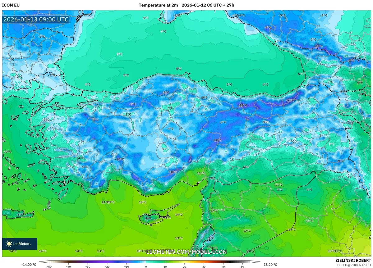 13 Ocak 2026 İstanbul 2 m Sıcaklık Anomalisi