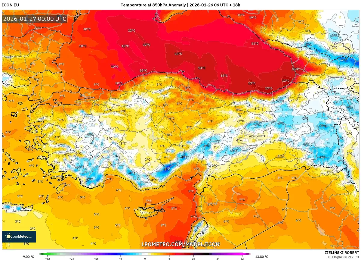 27 Ocak 2026’da 850 hPa Seviyesinde Sıcaklık Anomalisi
