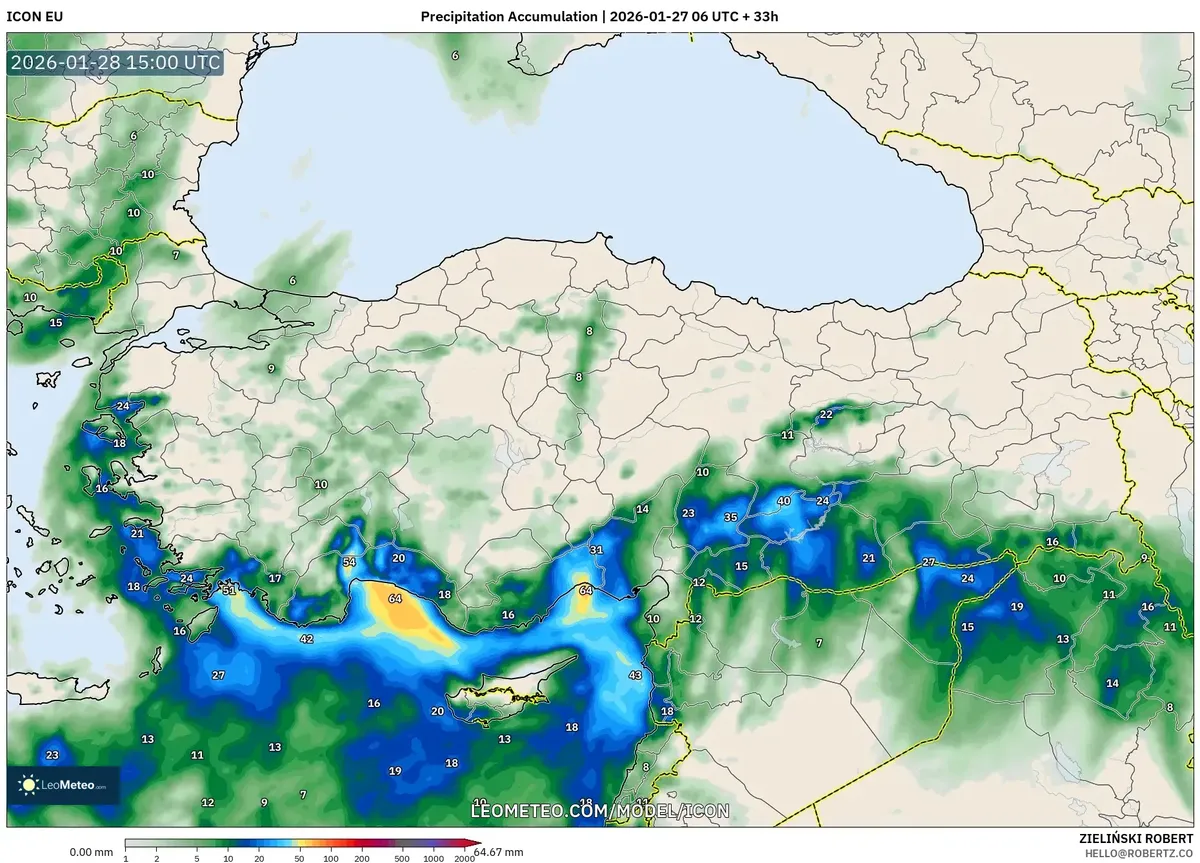 28 Ocak 2026’da Güneybatı Türkiye’de Kuvvetli Yağış Birikimi