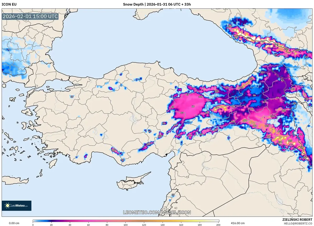 1 Şubat 2026’da Doğu Dağlarında Kar Kalınlığı