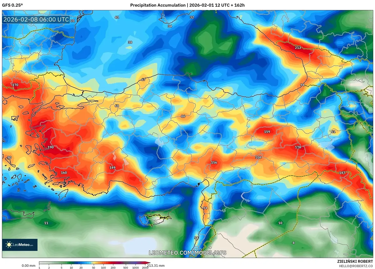 8 Şubat 2026’da Türkiye Genelinde Yağış Birikimi (GFS)