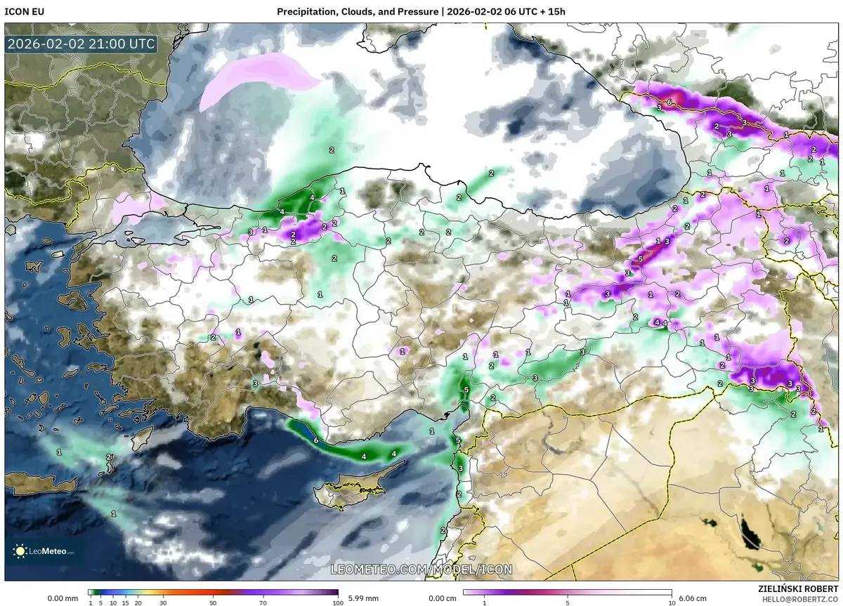 3 Şubat 2026’da Yağış, Bulutluluk, Sıcaklık ve Basınç Dağılımı (ICON)