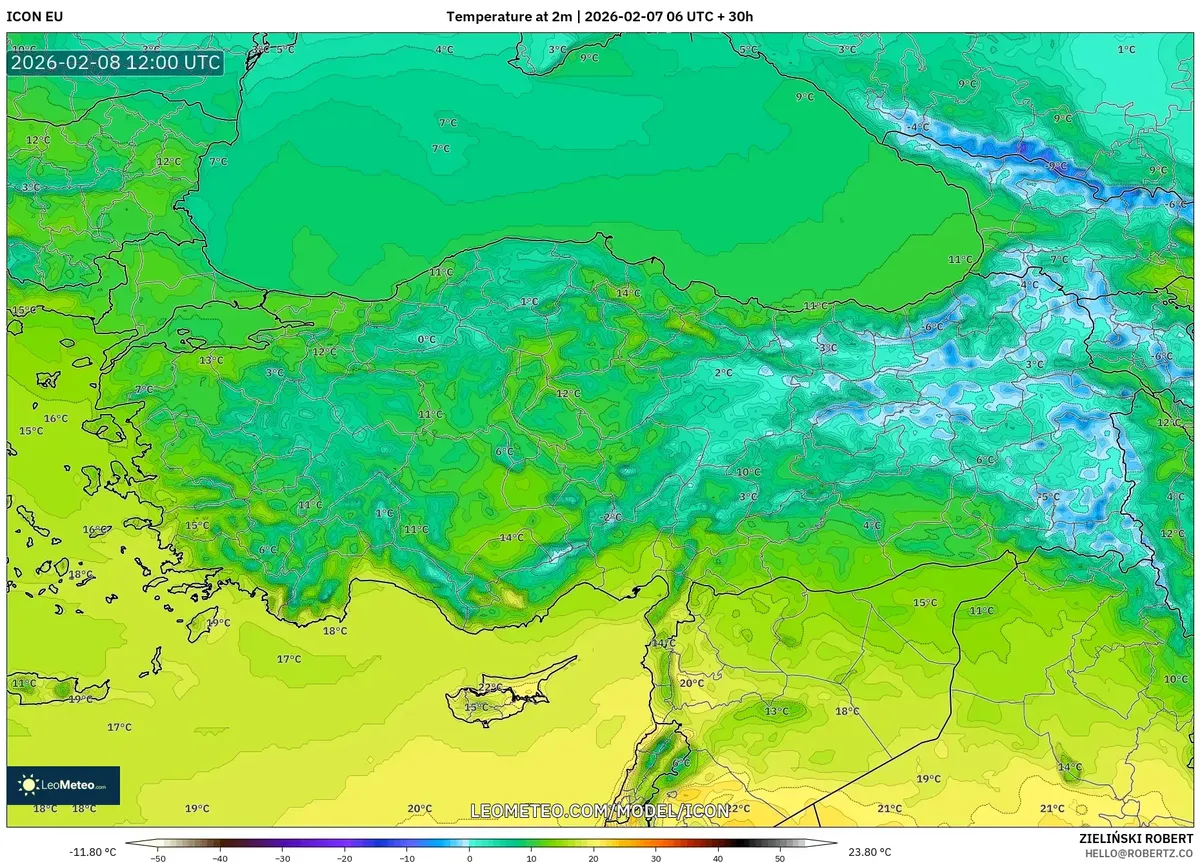 8 Şubat 2026’da İzmir’de Sıcaklıkların 18°C’ye Ulaştığı Ilık Öğleden Sonra (ICON)