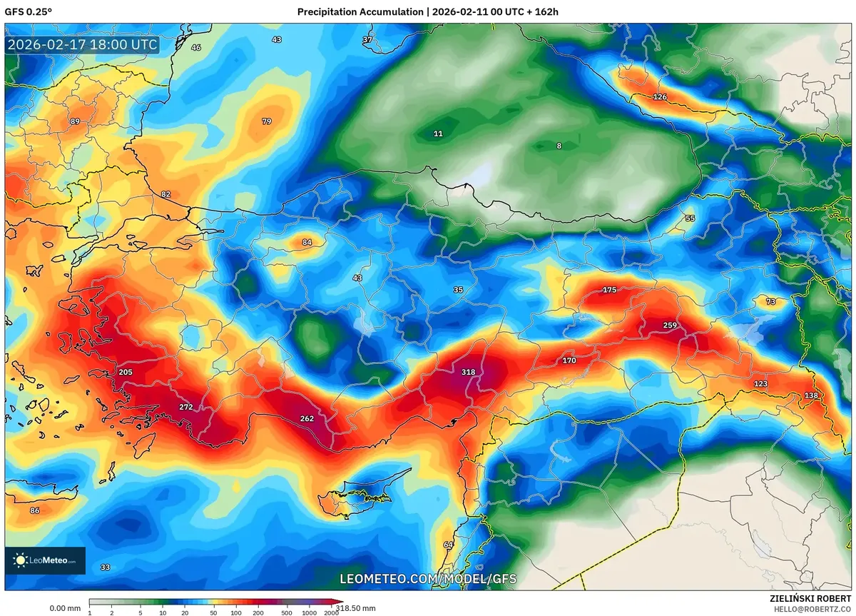 17 Şubat 2026’da Batı Türkiye’de Kuvvetli Yağış Birikimi (GFS)