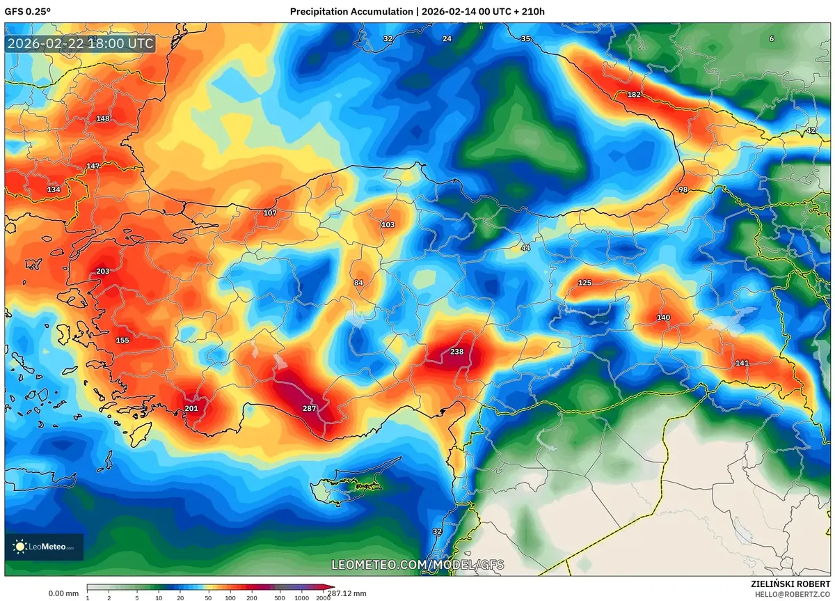 22 Şubat 2026’da Batı Türkiye’de önemli yağış miktarları (GFS)