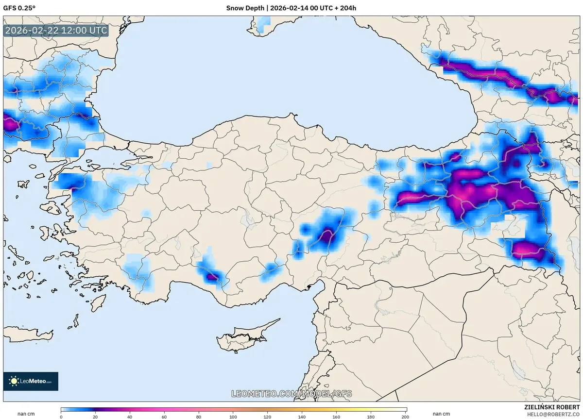 22 Şubat 2026’da Marmara’da kar örtüsü derinliği (GFS)