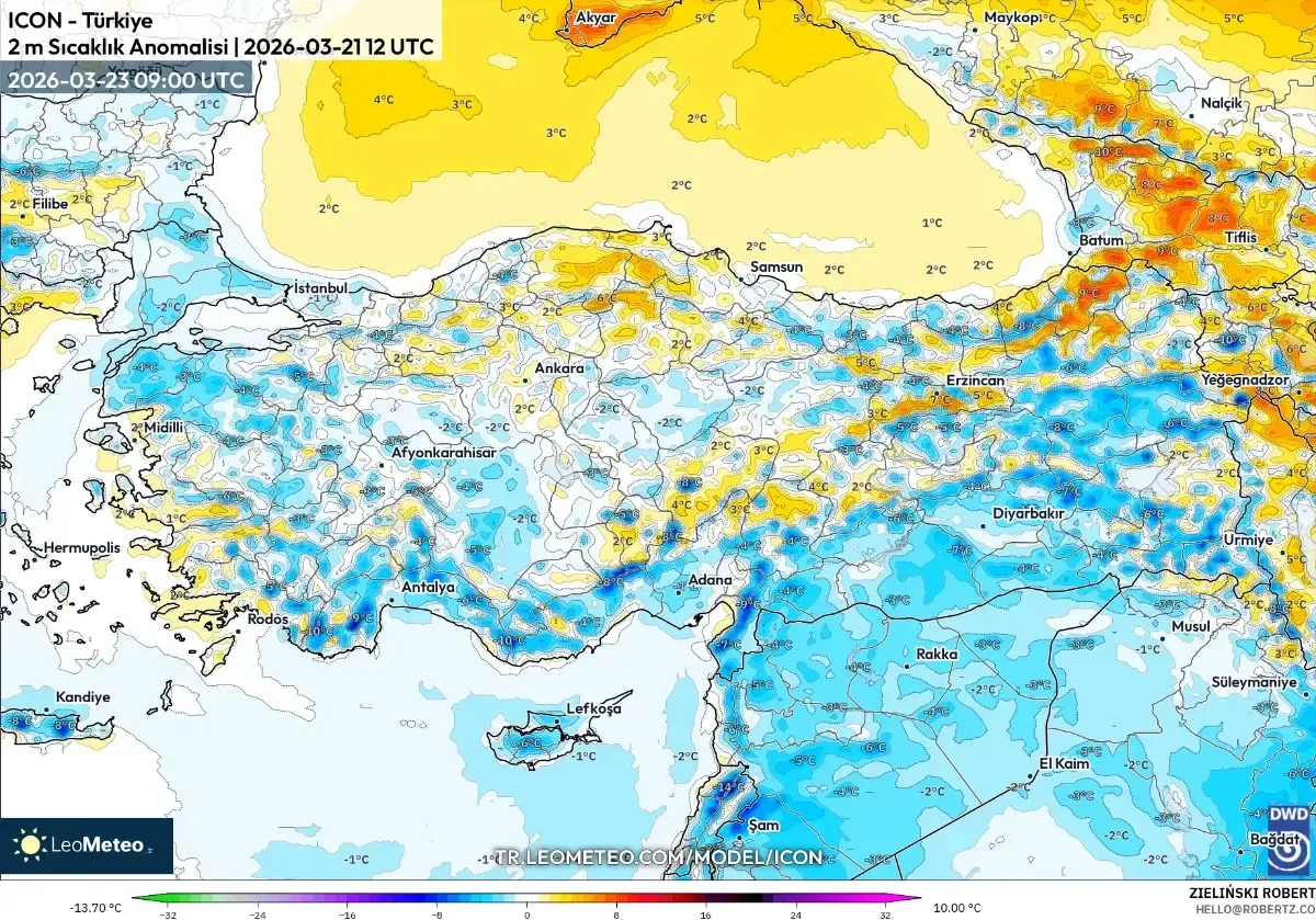 23 Mart 2026’da Türkiye’de Mevsim Normallerinin Altında Sıcaklıklar (ICON)